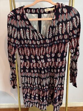 Tory Burch Navy Long-Sleeve V-Neck Printed Dress with Red and Cream Motif